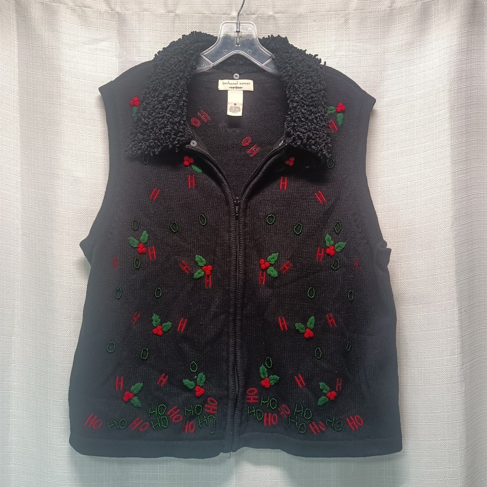 Bechamel Woman Holiday Vest 1X Black‎ Zip Holly HoHoHo Buttons Removable Collar